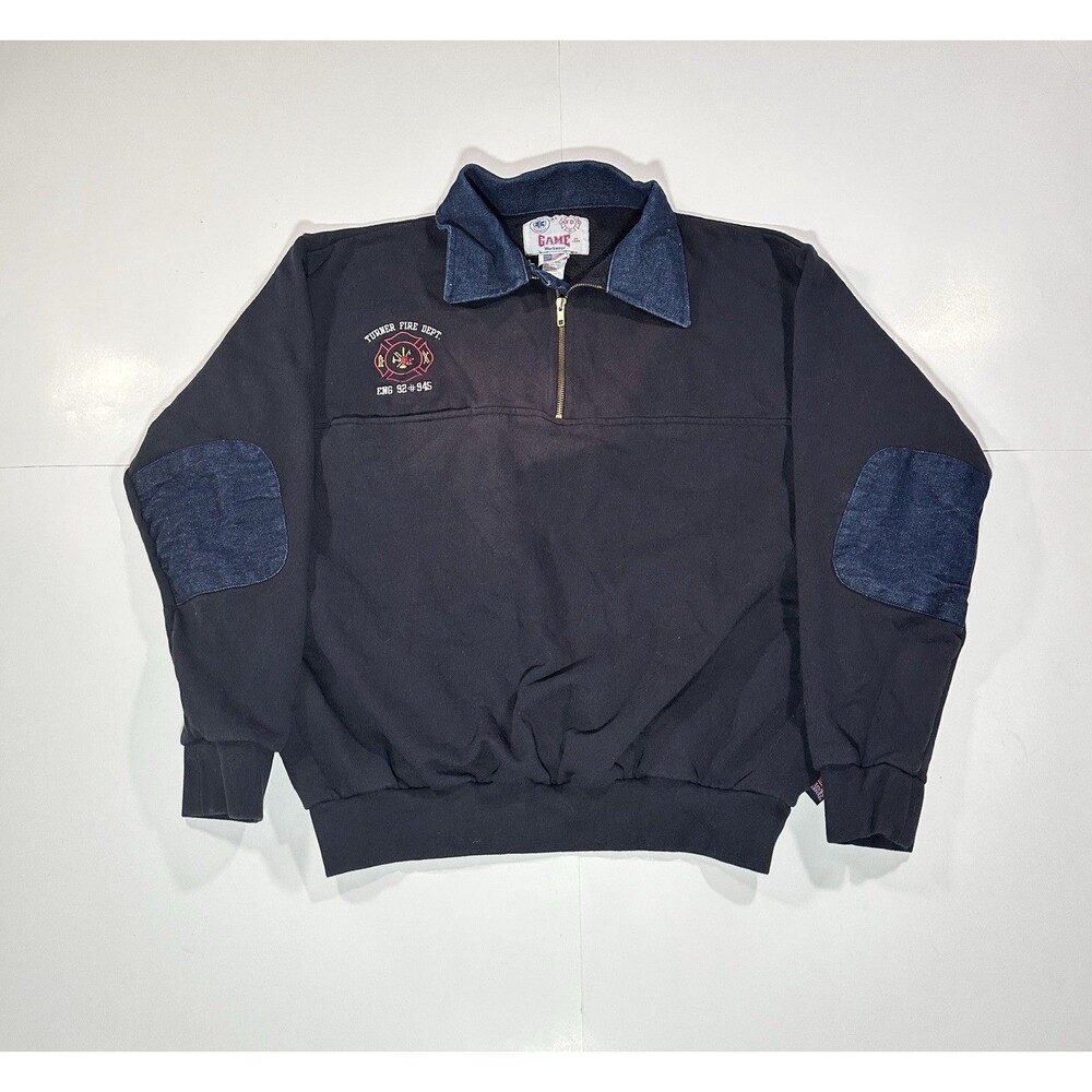 VTG 90s Game Workwear Fire Dept OR 1/4 Zip Sweatshirt Jean Collar Elbow Patch XL